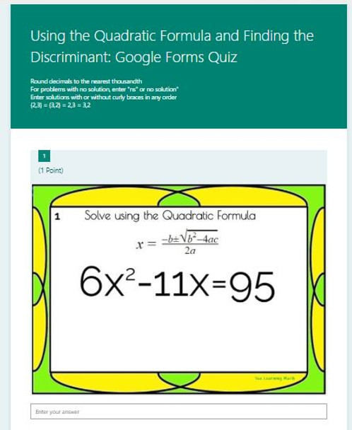 Using the Quadratic Formula and Finding the Discriminant: Microsoft OneDrive Forms Quiz