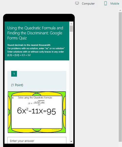 Using the Quadratic Formula and Finding the Discriminant: Microsoft OneDrive Forms Quiz