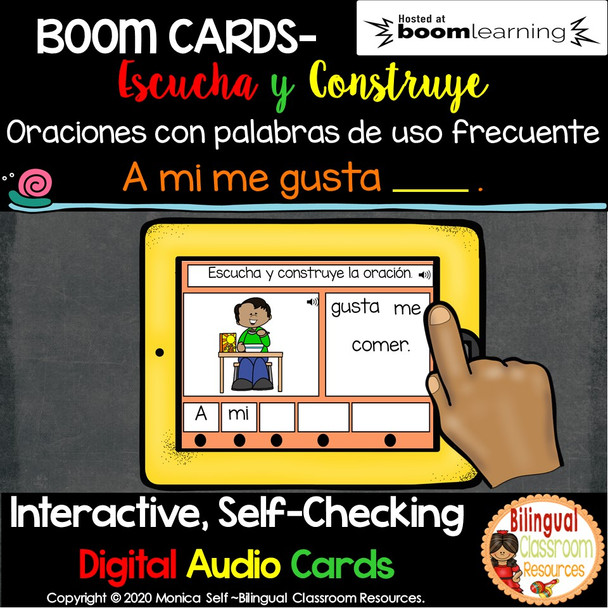 BOOM Cards Escucha y construye oraciones: A mi me gusta____.