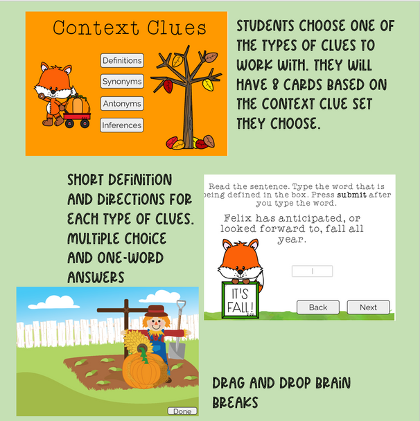 Context Clues: Fall Fox Task Cards AND Boom Cards