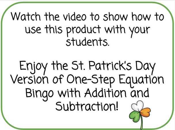 St. Patrick's Day One-Step Equation Bingo Game - Addition and Subtraction 
