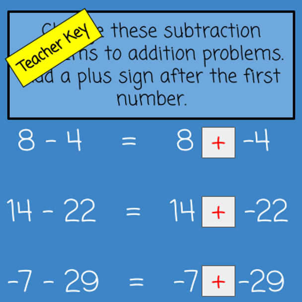 Subtracting Integers - Changing a Subtraction Problem to an Addition Problem