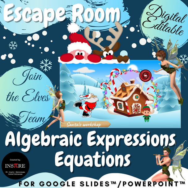 DIGITAL Math Christmas Escape Room - Algebraic Expressions & Equations EDITABLE