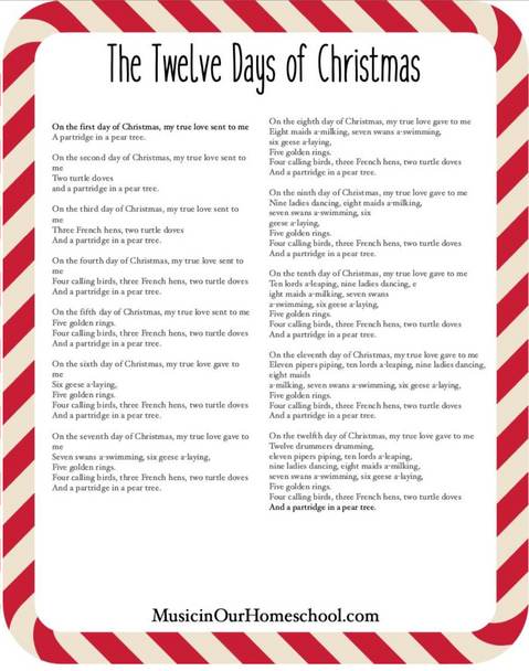 Christmas Song Lyric Sheets with 12 Days Coloring Pages