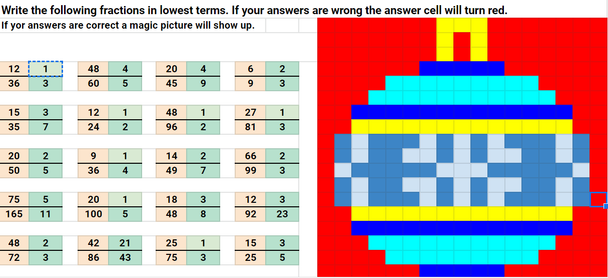 Simplifying Fractions Christmas Google Sheets Pixel Art Activity