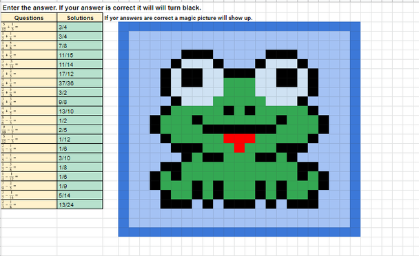 Adding and Subtracting Fractions Pixel Art Activity Google Sheets Frog