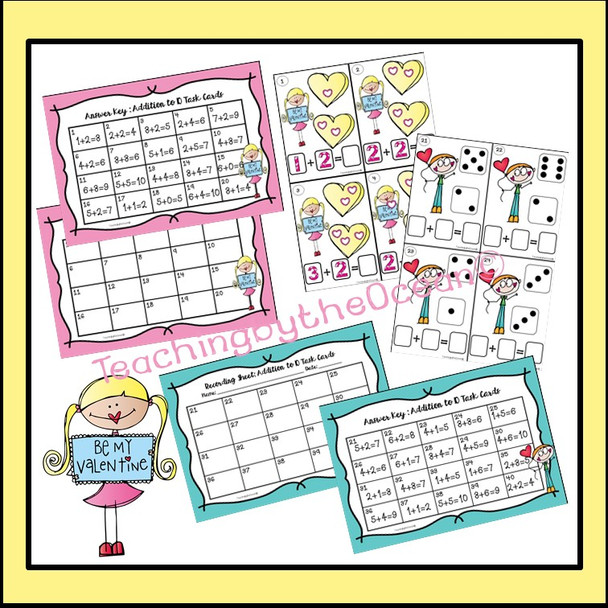 Addition to 10 Task Cards and NO PREP Worksheets - Valentine's