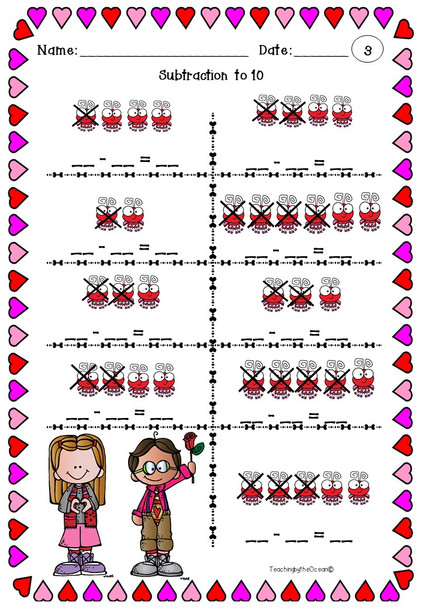 Subtraction to 10 Task Cards and NO PREP Worksheets -Valentine's