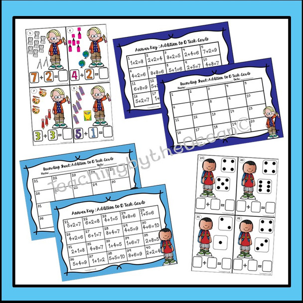 Addition and Subtraction to 10 Task Cards and NO PREP Worksheets Back to School