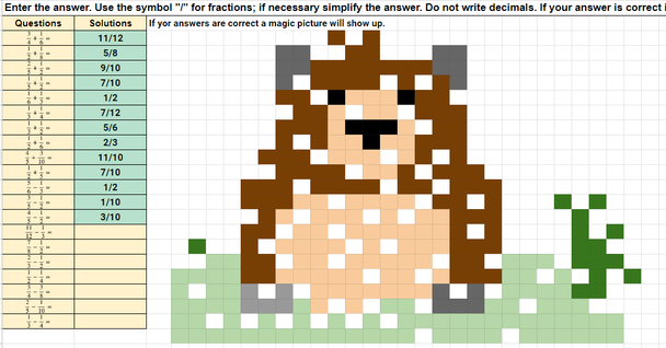 Adding and Subtracting Fractions Pixel Art Activity Google Sheets Groundhog