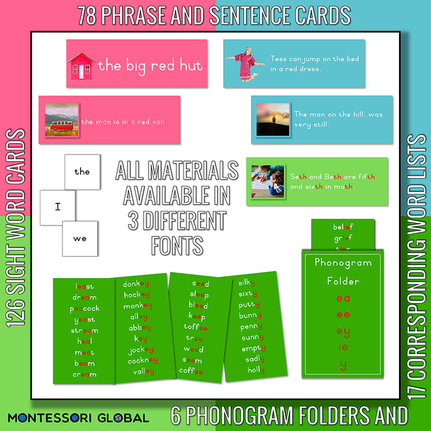 Montessori Printable Pink -Blue-Blue Green - Green Phonics Reading Series