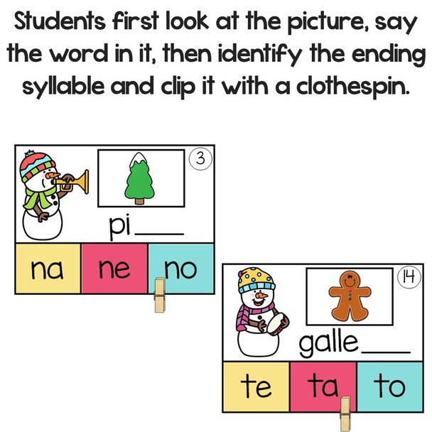 Ending Syllables Clip Cards in Spanish-La Sílaba Final