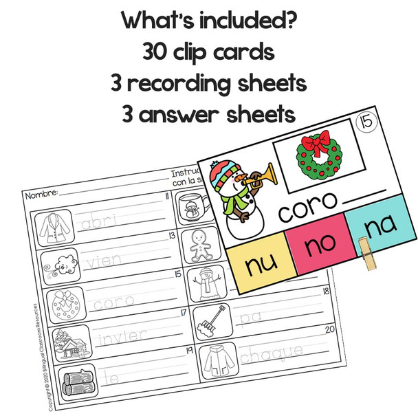 Ending Syllables Clip Cards in Spanish-La Sílaba Final