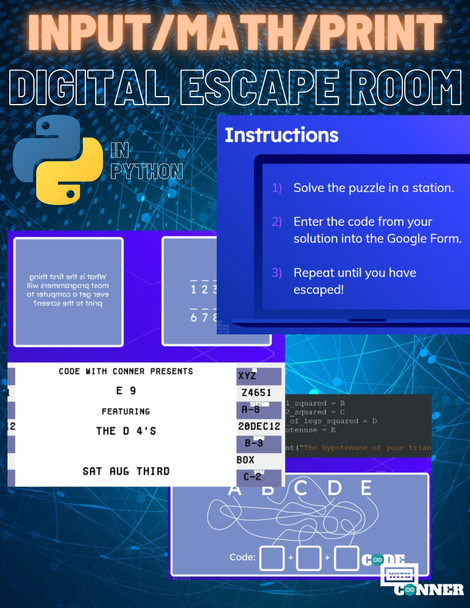 Coding Digital Escape Room - Python input, math, variables, and printing