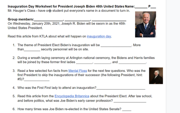 Inauguration Day Worksheet All Grade Levels Webquest Joseph R Biden US History