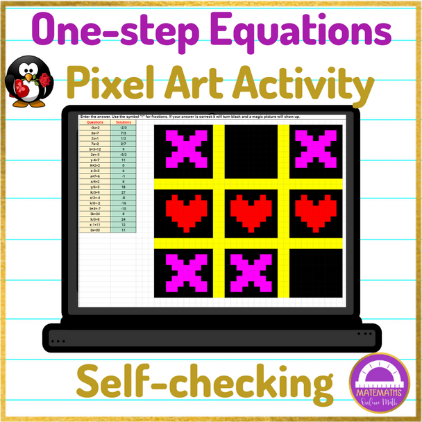Valentine's Day Solving One Step Equations Pixel Art Activity