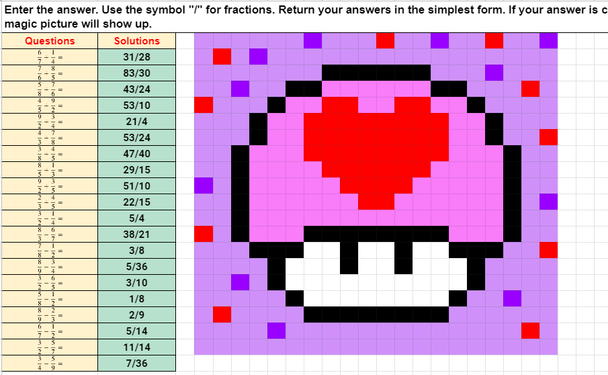 Valentine's Day Adding and Subtracting Fractions Pixel Art Activity