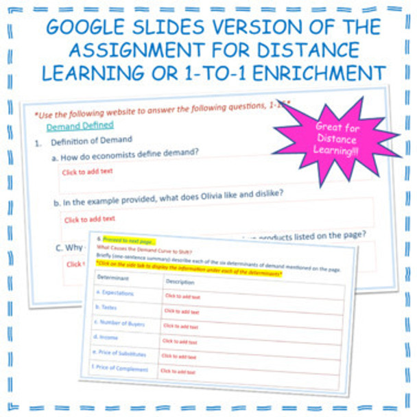Demand, Law of Demand, Demand Curve Webquest Online Assignment Distance Learning