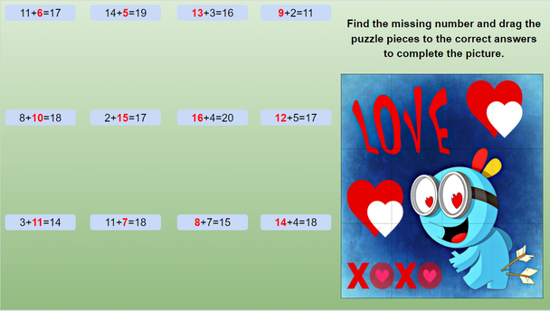 Valentines Day Math Puzzles Missing Addends, Subtrahend, Minuend to 20 EDITABLE