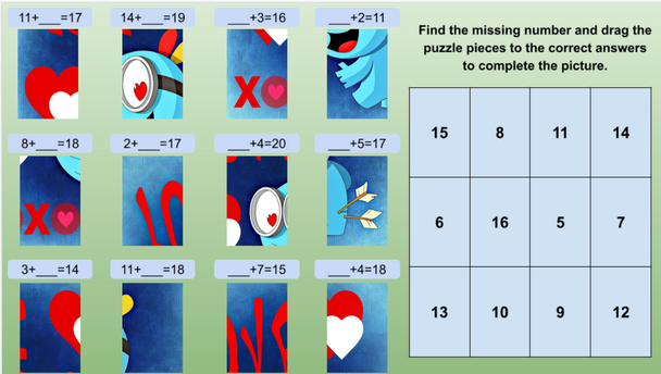 Valentines Day Math Puzzles Missing Addends, Subtrahend, Minuend to 20 EDITABLE