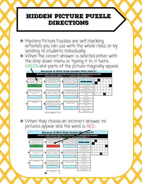 Hidden Mystery Picture Puzzles: Because of Winn Dixie Edition Comprehension Puzzle