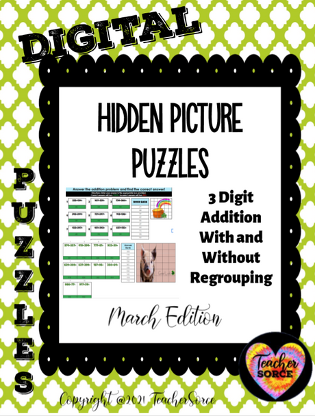 3 digit Addition with and without regrouping Hidden Mystery Picture Puzzle March