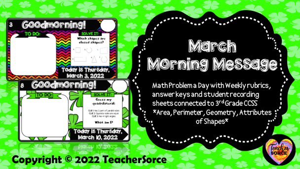 Math Problem a Day Third Grade March Editable Morning Message Solve It