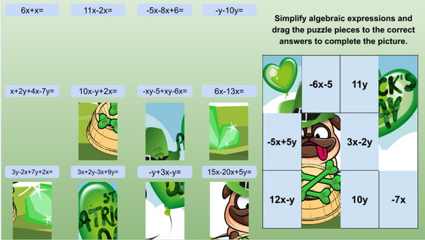 St. Patrick's Day Math Puzzles - Simplifying Algebraic Expressions EDITABLE