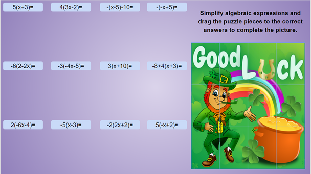 St. Patrick's Day Math Puzzles - Simplifying Algebraic Expressions EDITABLE