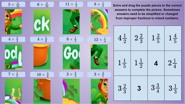 Puzzles St. Patricks Day 4th Grade Fractions Mixed Numbers Add Subtract Multiply