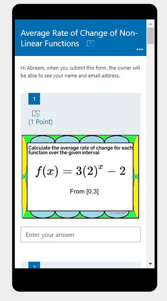 Average Rate of Change of Non-Linear Functions - Microsoft OneDrive Forms Quiz 