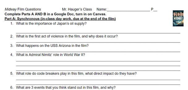 Midway and MoneyBall Film Questions Hybrid Learning In Class and At Home