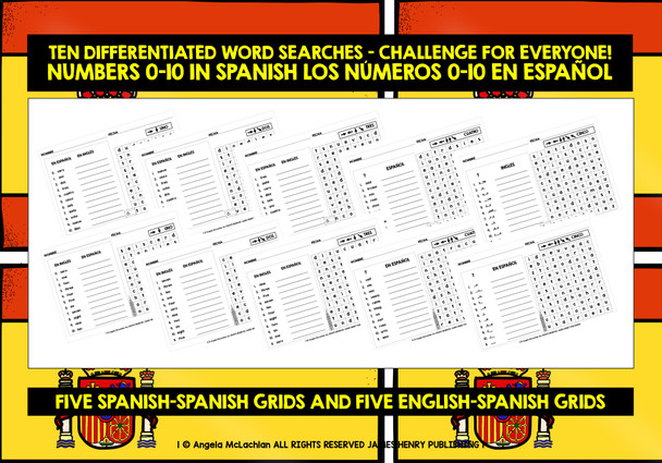 SPANISH NUMBERS 0-10 WORD SEARCHES