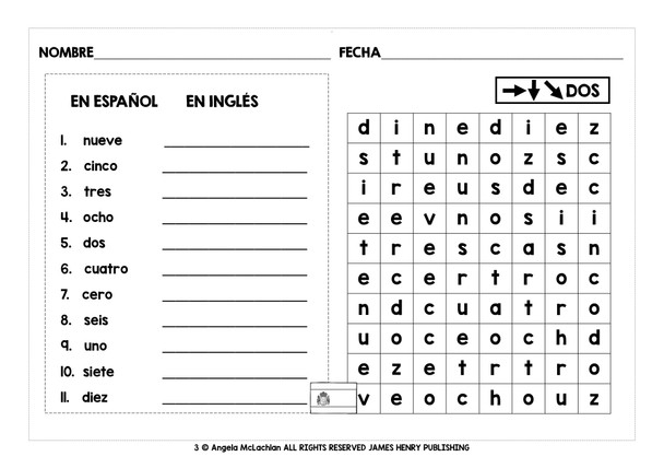 SPANISH NUMBERS 0-10 WORD SEARCHES