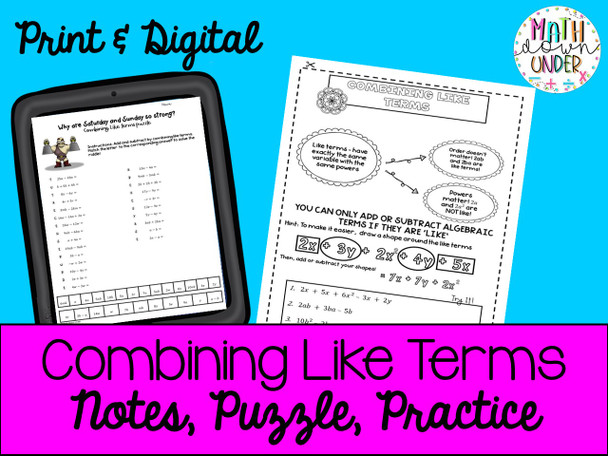 Combining Like Terms Activities- Notes, Puzzle, Practice PDF & Distance Learning