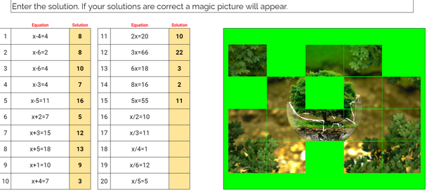 Earth Day Solving One Step Equations Pixel art Activity No Negatives