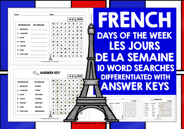 FRENCH DAYS OF THE WEEK WORD SEARCHES