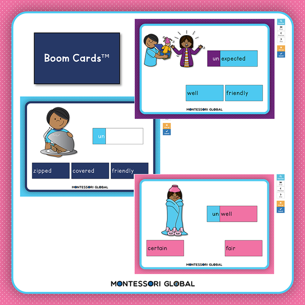 Prefix | un | Presentation | Boom Cards | Montessori Matching Cards and Posters