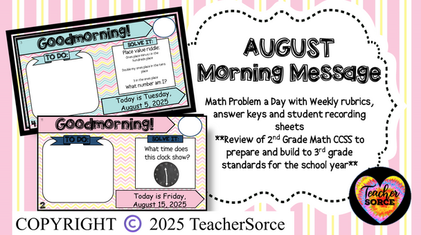 August Editable Morning Message (Math Solve It's)