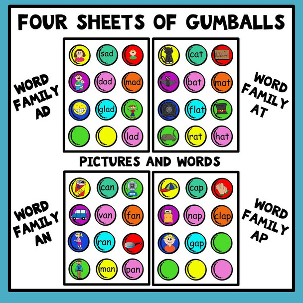 Word Families Literacy Center Gumball Theme