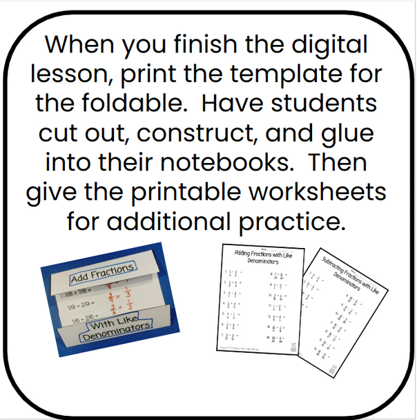 Fractions  - Adding and Subtracting with Like Denominators - Digital and Printable