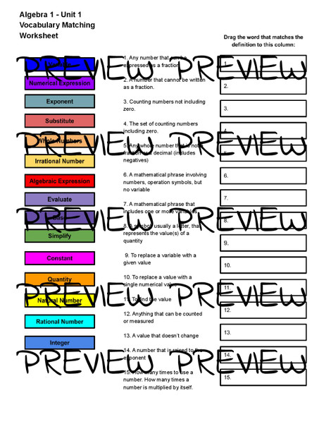 Algebra 1 - Unit 1 Vocabulary Matching Worksheet (Digital)