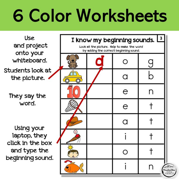 Beginning Sounds  6 Worksheets for PowerPoint or Print