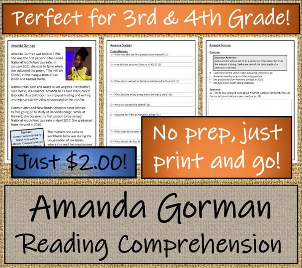 Amanda Gorman Close Reading Activity | 3rd Grade & 4th Grade