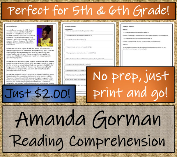 Amanda Gorman Close Reading Activity 5th Grade & 6th Grade