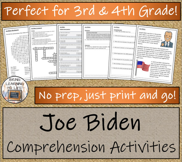 Joe Biden Close Reading Comprehension Activities | 3rd Grade & 4th Grade