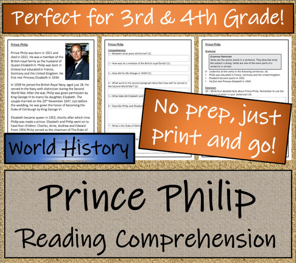 Prince Philip Close Reading Activity | 3rd Grade & 4th Grade