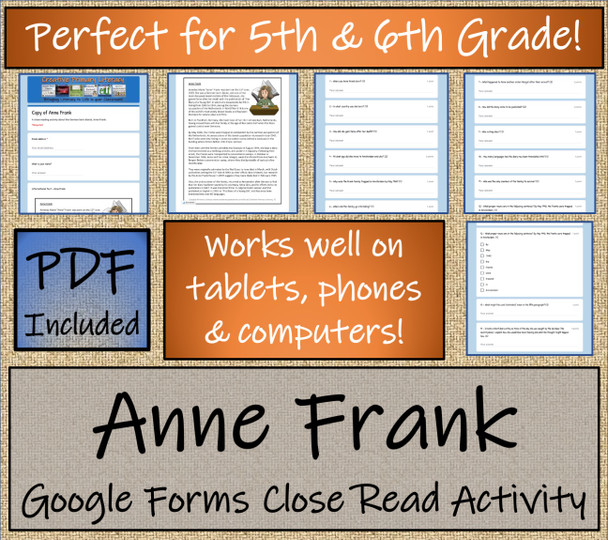 Anne Frank Close Reading Activity Digital & Print | 5th Grade & 6th Grade