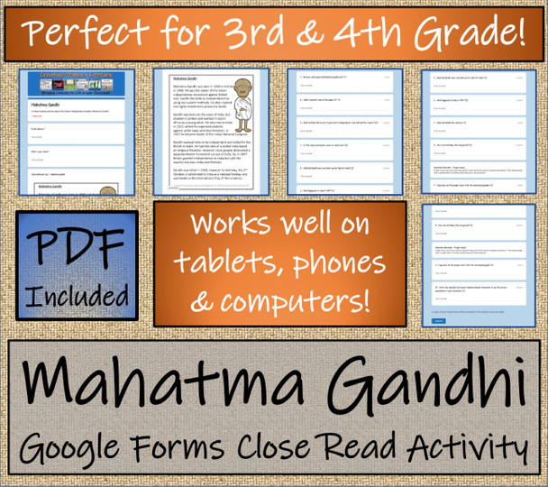 Mahatma Gandhi Close Reading Activity Digital & Print | 3rd Grade & 4th Grade