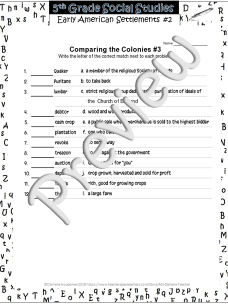 Comparing the New Colonies~Match'Em Vocab #3~Social Studies Weekly~NO PREP